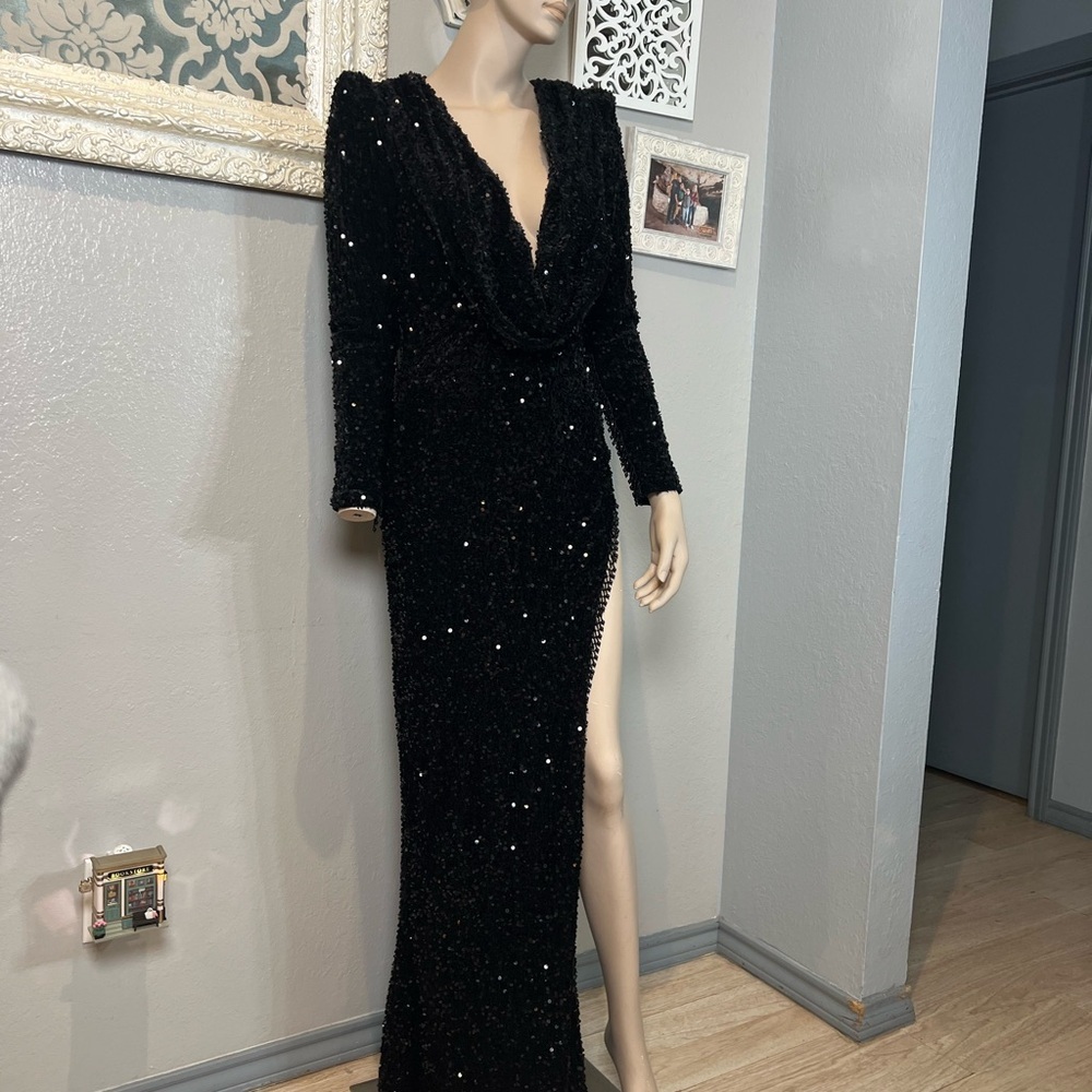 Black Sequin Deep V-Neck cowl neckline Long Sleeve Evening Gown - Picture 7 of 14